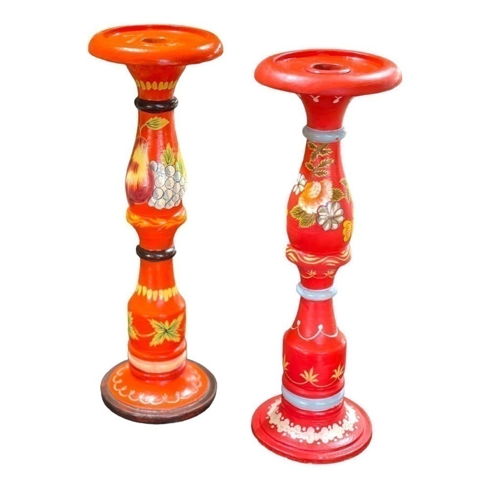 TWO VINTAGE, COLORFUL, HANDPAINTED CANDLESTICK HOLDERS. TURNED WOOD.